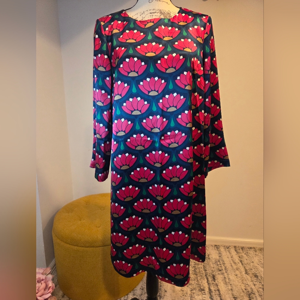 Boden Long Sleeve Dress - Pink/Red Black/ Blue Floral, Size 6R